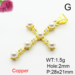 Brass Micro Pave Cubic Zirconia Pendants,with Plastic Imitation Pearls,Cross,For Easter,Plated Gold,28x21mm,Hole:2mm,about 1.5g/pc,5 pcs/package,XFPC06420aajl-L024