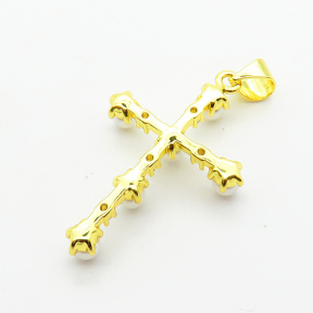 Brass Micro Pave Cubic Zirconia Pendants,with Plastic Imitation Pearls,Cross,For Easter,Plated Gold,28x21mm,Hole:2mm,about 1.5g/pc,5 pcs/package,XFPC06420aajl-L024