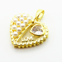 Brass Cubic Zirconia Pendants,with Plastic Imitation Pearls,Heart,Plated Gold,17x19mm,Hole:2mm,about 2.8g/pc,5 pcs/package,XFPC06429aajl-L024