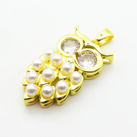 Brass Cubic Zirconia Pendants,with Plastic Imitation Pearls,Owl,Plated Gold,24x14mm,Hole:2mm,about 3.1g/pc,5 pcs/package,XFPC06432aajl-L024