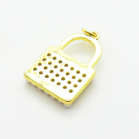 Brass Micro Pave Cubic Zirconia Pendants,with Plastic Imitation Pearls,Lock,Plated Gold,21x15mm,Hole:2mm,about 3g/pc,5 pcs/package,XFPC06435baka-L024