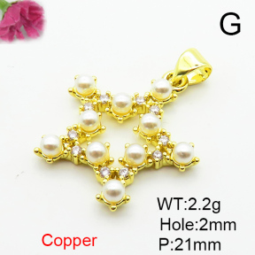 Brass Micro Pave Cubic Zirconia Pendants,with Plastic Imitation Pearls,Star,Plated Gold,21mm,Hole:2mm,about 2.2g/pc,5 pcs/package,XFPC06441aajl-L024