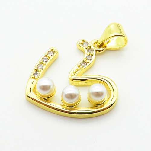 Brass Micro Pave Cubic Zirconia Pendants,with Plastic Imitation Pearls,Heart,Plated Gold,16x17mm,Hole:2mm,about 1.8g/pc,5 pcs/package,XFPC06444aajl-L024