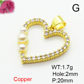 Brass Micro Pave Cubic Zirconia Pendants,with Plastic Imitation Pearls,Heart,Plated Gold,20mm,Hole:2mm,about 1.7g/pc,5 pcs/package,XFPC06447aajl-L024