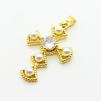 Brass Cubic Zirconia Pendants,with Plastic Imitation Pearls,Cross,For Easter,Plated Gold,23x17mm,Hole:2mm,about 1.7g/pc,5 pcs/package,XFPC06450aajl-L024