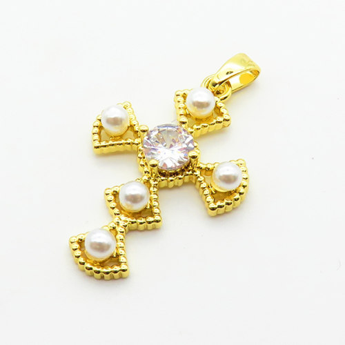 Brass Cubic Zirconia Pendants,with Plastic Imitation Pearls,Cross,For Easter,Plated Gold,23x17mm,Hole:2mm,about 1.7g/pc,5 pcs/package,XFPC06450aajl-L024