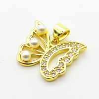 Brass Micro Pave Cubic Zirconia Pendants,with Plastic Imitation Pearls,Butterfly,Plated Gold,15x19mm,Hole:2mm,about 1.9g/pc,5 pcs/package,XFPC06453aajl-L024