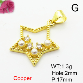 Brass Micro Pave Cubic Zirconia Pendants,with Plastic Imitation Pearls,Star,Plated Gold,17mm,Hole:2mm,about 1.3g/pc,5 pcs/package,XFPC06456aajl-L024