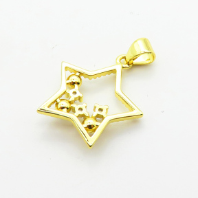 Brass Micro Pave Cubic Zirconia Pendants,with Plastic Imitation Pearls,Star,Plated Gold,17mm,Hole:2mm,about 1.3g/pc,5 pcs/package,XFPC06456aajl-L024