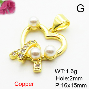 Brass Micro Pave Cubic Zirconia Pendants,with Plastic Imitation Pearls,Heart,Plated Gold,16x15mm,Hole:2mm,about 1.6g/pc,5 pcs/package,XFPC06459aajl-L024