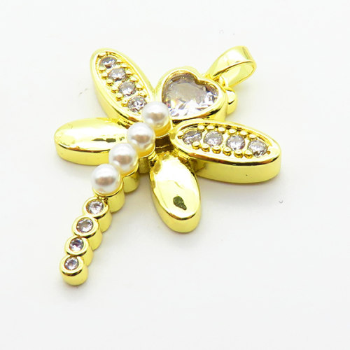 Brass Cubic Zirconia Pendants,with Plastic Imitation Pearls,Dragonfly,Plated Gold,26x24mm,Hole:2mm,about 4.8g/pc,5 pcs/package,XFPC06462baka-L024
