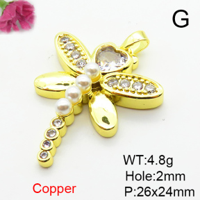 Brass Cubic Zirconia Pendants,with Plastic Imitation Pearls,Dragonfly,Plated Gold,26x24mm,Hole:2mm,about 4.8g/pc,5 pcs/package,XFPC06462baka-L024
