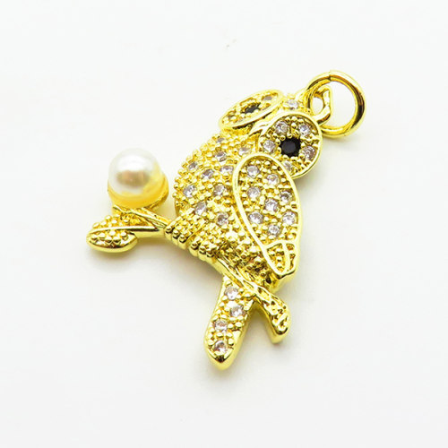 Brass Micro Pave Cubic Zirconia Pendants,with Plastic Imitation Pearls,Owl,Plated Gold,23x16mm,Hole:2mm,about 2.3g/pc,5 pcs/package,XFPC06465aajl-L024