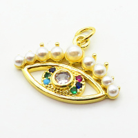Brass Micro Pave Cubic Zirconia Pendants,with Plastic Imitation Pearls,Devil's Eye,Plated Gold,14x24mm,Hole:2mm,about 2.3g/pc,5 pcs/package,XFPC06468aajl-L024