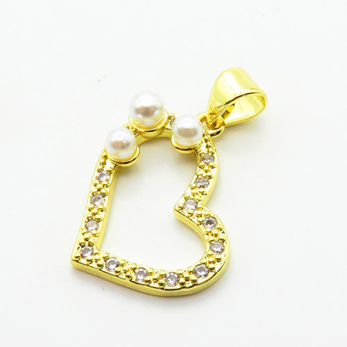 Brass Micro Pave Cubic Zirconia Pendants,with Plastic Imitation Pearls,Heart,Plated Gold,16x20mm,Hole:2mm,about 1.5g/pc,5 pcs/package,XFPC06471aajl-L024