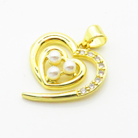 Brass Micro Pave Cubic Zirconia Pendants,with Plastic Imitation Pearls,Heart,Plated Gold,19mm,Hole:2mm,about 2.1g/pc,5 pcs/package,XFPC06474aajl-L024