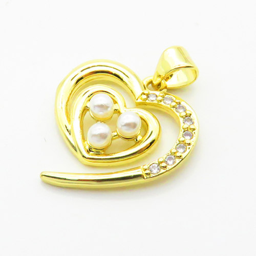 Brass Micro Pave Cubic Zirconia Pendants,with Plastic Imitation Pearls,Heart,Plated Gold,19mm,Hole:2mm,about 2.1g/pc,5 pcs/package,XFPC06474aajl-L024