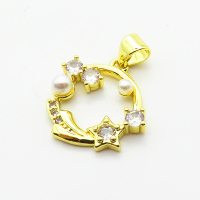Brass Cubic Zirconia Pendants,with Plastic Imitation Pearls,Star,Plated Gold,16x18mm,Hole:2mm,about 1.7g/pc,5 pcs/package,XFPC06480aajl-L024
