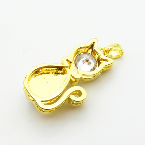 Brass Cubic Zirconia Pendants,with Plastic Imitation Pearls,Cat,Plated Gold,23x13mm,Hole:2mm,about 3.4g/pc,5 pcs/package,XFPC06483aajl-L024