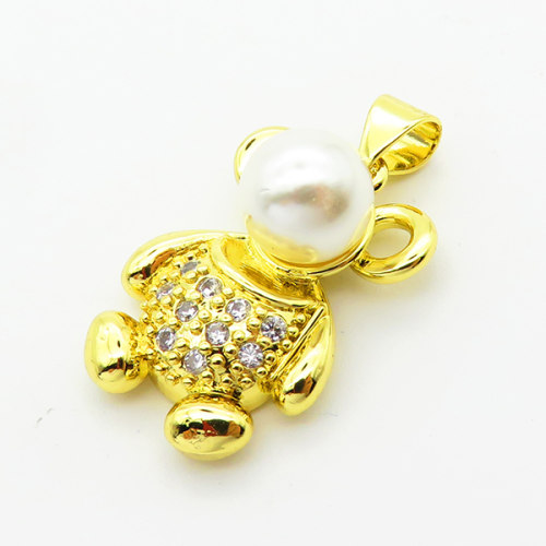 Brass Micro Pave Cubic Zirconia Pendants,with Plastic Imitation Pearls,Bear,Plated Gold,20x15mm,Hole:2mm,about 3.7g/pc,5 pcs/package,XFPC06486aajl-L024