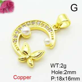 Brass Micro Pave Cubic Zirconia Pendants,with Plastic Imitation Pearls,Butterfly & Moon,Plated Gold,18x16mm,Hole:2mm,about 2g/pc,5 pcs/package,XFPC06489aajl-L024