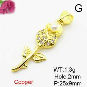 Brass Micro Pave Cubic Zirconia Pendants,with Plastic Imitation Pearls,Rose,Plated Gold,25x9mm,Hole:2mm,about 1.3g/pc,5 pcs/package,XFPC06492aajl-L024