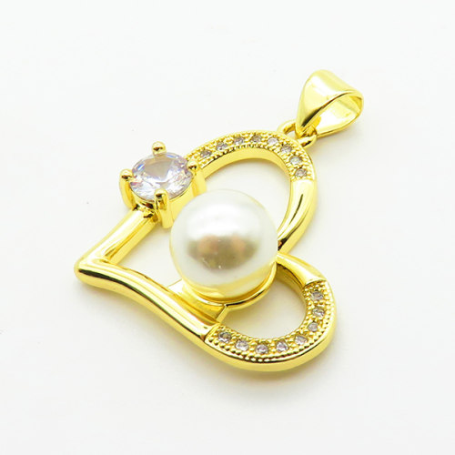 Brass Micro Pave Cubic Zirconia Pendants,with Plastic Imitation Pearls,Heart,Plated Gold,19x23mm,Hole:2mm,about 2.7g/pc,5 pcs/package,XFPC06498aajl-L024
