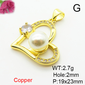 Brass Micro Pave Cubic Zirconia Pendants,with Plastic Imitation Pearls,Heart,Plated Gold,19x23mm,Hole:2mm,about 2.7g/pc,5 pcs/package,XFPC06498aajl-L024