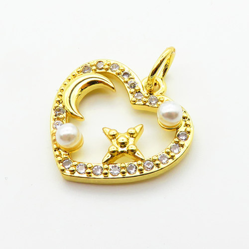 Brass Micro Pave Cubic Zirconia Pendants,with Plastic Imitation Pearls,Heart,Plated Gold,16x18mm,Hole:2mm,about 1.8g/pc,5 pcs/package,XFPC06501aajl-L024