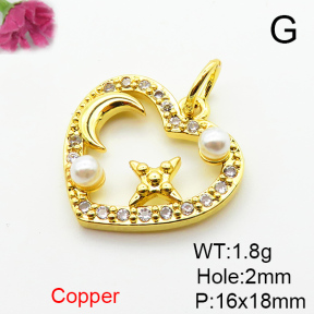 Brass Micro Pave Cubic Zirconia Pendants,with Plastic Imitation Pearls,Heart,Plated Gold,16x18mm,Hole:2mm,about 1.8g/pc,5 pcs/package,XFPC06501aajl-L024