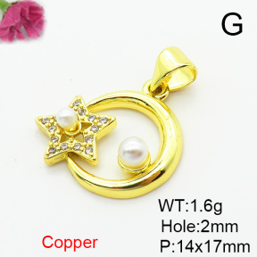 Brass Micro Pave Cubic Zirconia Pendants,with Plastic Imitation Pearls,Star,Plated Gold,14x17mm,Hole:2mm,about 1.6g/pc,5 pcs/package,XFPC06504aajl-L024