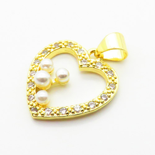 Brass Micro Pave Cubic Zirconia Pendants,with Plastic Imitation Pearls,Heart,Plated Gold,16mm,Hole:2mm,about 1.4g/pc,5 pcs/package,XFPC06510aajl-L024