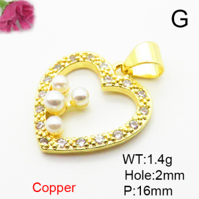 Brass Micro Pave Cubic Zirconia Pendants,with Plastic Imitation Pearls,Heart,Plated Gold,16mm,Hole:2mm,about 1.4g/pc,5 pcs/package,XFPC06510aajl-L024