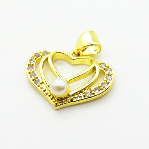 Brass Micro Pave Cubic Zirconia Pendants,with Plastic Imitation Pearls,Heart,Plated Gold,13x18mm,Hole:2mm,about 1.3g/pc,5 pcs/package,XFPC06513aajl-L024