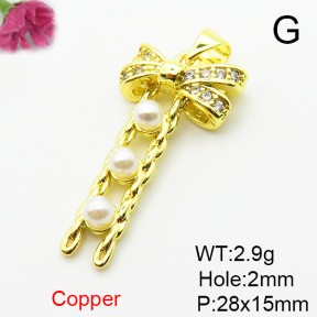 Brass Micro Pave Cubic Zirconia Pendants,with Plastic Imitation Pearls,Bow,Plated Gold,28x15mm,Hole:2mm,about 2.9g/pc,5 pcs/package,XFPC06516aajl-L024