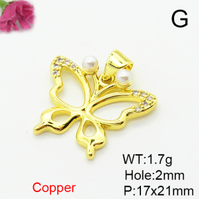 Brass Micro Pave Cubic Zirconia Pendants,with Plastic Imitation Pearls,Butterfly,Plated Gold,17x21mm,Hole:2mm,about 1.7g/pc,5 pcs/package,XFPC06519aajl-L024