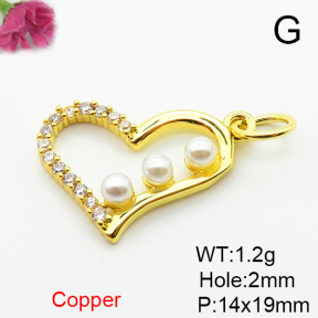 Brass Micro Pave Cubic Zirconia Pendants,with Plastic Imitation Pearls,Heart,Plated Gold,14x19mm,Hole:2mm,about 1.2g/pc,5 pcs/package,XFPC06522aajl-L024
