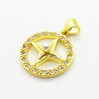 Brass Micro Pave Cubic Zirconia Pendants,with Plastic Imitation Pearls,Round,Star,Plated Gold,17mm,Hole:2mm,about 2.1g/pc,5 pcs/package,XFPC06525aajl-L024