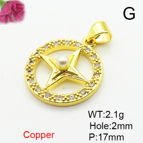 Brass Micro Pave Cubic Zirconia Pendants,with Plastic Imitation Pearls,Round,Star,Plated Gold,17mm,Hole:2mm,about 2.1g/pc,5 pcs/package,XFPC06525aajl-L024