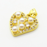 Brass Micro Pave Cubic Zirconia Pendants,with Plastic Imitation Pearls,Heart,Plated Gold,18mm,Hole:2mm,about 2.3g/pc,5 pcs/package,XFPC06528aajl-L024