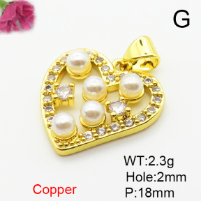 Brass Micro Pave Cubic Zirconia Pendants,with Plastic Imitation Pearls,Heart,Plated Gold,18mm,Hole:2mm,about 2.3g/pc,5 pcs/package,XFPC06528aajl-L024
