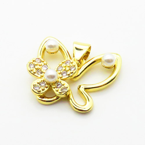 Brass Micro Pave Cubic Zirconia Pendants,with Plastic Imitation Pearls,Butterfly,Plated Gold,16x19mm,Hole:2mm,about 2.2g/pc,5 pcs/package,XFPC06534aajl-L024