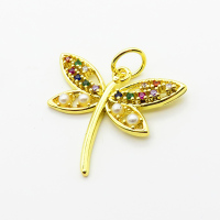 Brass Micro Pave Cubic Zirconia Pendants,with Plastic Imitation Pearls,Dragonfly,Plated Gold,20x24mm,Hole:2mm,about 1.7g/pc,5 pcs/package,XFPC06537aajl-L024