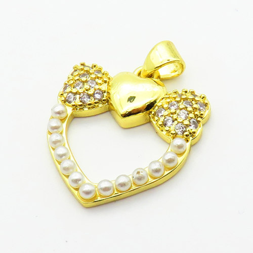 Brass Micro Pave Cubic Zirconia Pendants,with Plastic Imitation Pearls,Heart,Plated Gold,20mm,Hole:2mm,about 2.4g/pc,5 pcs/package,XFPC06546baka-L024