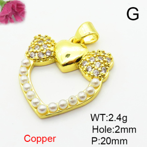 Brass Micro Pave Cubic Zirconia Pendants,with Plastic Imitation Pearls,Heart,Plated Gold,20mm,Hole:2mm,about 2.4g/pc,5 pcs/package,XFPC06546baka-L024
