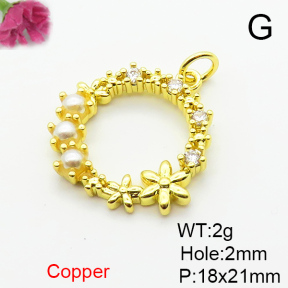 Brass Micro Pave Cubic Zirconia Pendants,with Plastic Imitation Pearls,Garland,Plated Gold,18x21mm,Hole:2mm,about 2g/pc,5 pcs/package,XFPC06549aajl-L024