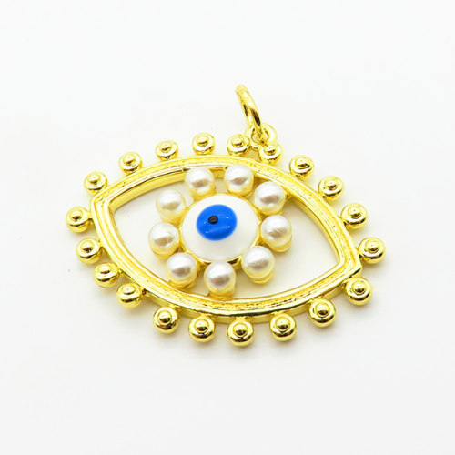 Brass Plastic Imitation Pearls & Enamel Pendants,Devil's Eye,Plated Gold,22x30mm,Hole:2mm,about 3.7g/pc,5 pcs/package,XFPC06552aajl-L024