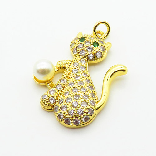 Brass Micro Pave Cubic Zirconia Pendants,with Plastic Imitation Pearls,Cat,Plated Gold,24x18mm ,Hole:2mm,about 2.7g/pc,5 pcs/package,XFPC06555baka-L024