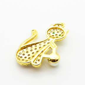 Brass Micro Pave Cubic Zirconia Pendants,with Plastic Imitation Pearls,Cat,Plated Gold,24x18mm ,Hole:2mm,about 2.7g/pc,5 pcs/package,XFPC06555baka-L024