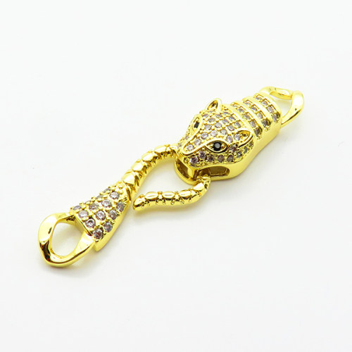 Brass Micro Pave Cubic Zirconia Links Connectors,Leopard Head,Plated Gold,18x11mm 22x11mm,Hole:4mm,about 4.1g/pc,5 pcs/package,XFL02457ablb-L002